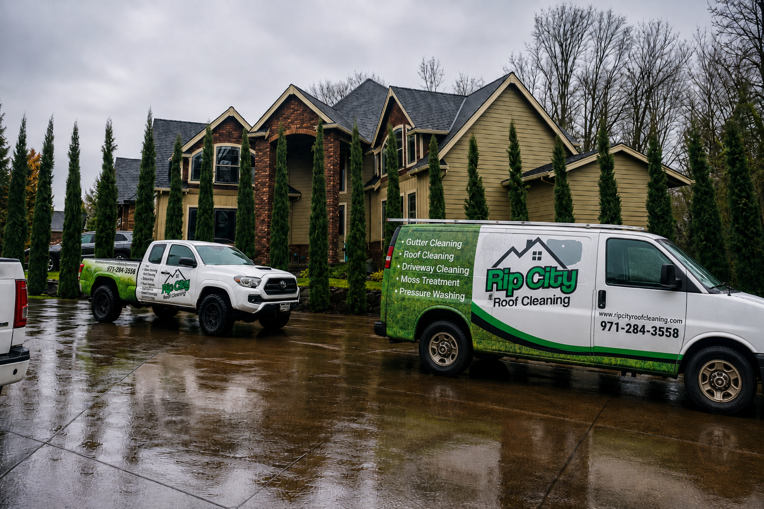 Rip City Roof Cleaning branded work van and pickup at a rainy Portland-area home