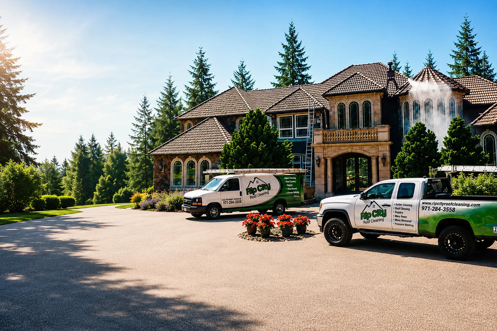 Rip City Roof Cleaning vehicles at a Portland roof-care project